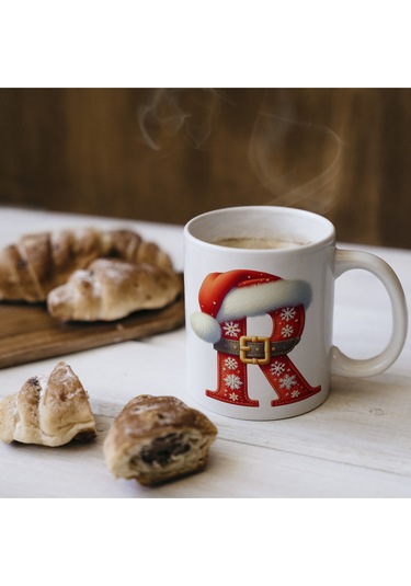 R Harfi Yılbaşı Temalı Bardak 330 Ml Harfli Kişiye Özel Hediye - Yeniyıl / Noel Şapka Tasarım Beyaz