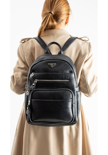 Vegan Deri Kadın Sırt Çantası 35 25 Cm Yağmur İtici Kumaş Mega Bag Günlük Kullanıma Uygun Lacivert