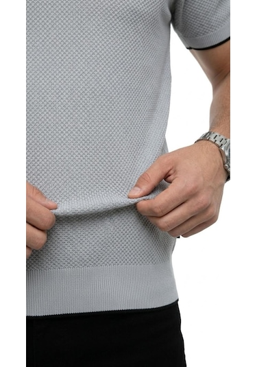 Plus Scorpion Erkek Pike Dokulu Triko Polo Yaka Tişört Slim Fit Şerit Detaylı Yazlık Model Gri