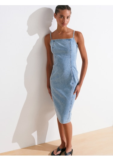 Dilvin 90563 Power Likra Ortaboy Denim Elbise-mavi Mavi