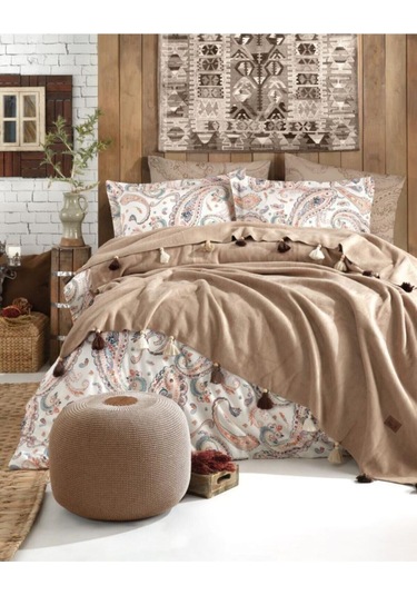 Çift Kişilik Pamuk Battaniyeli Nevresim Takımı Boho Chic Cappucino Kahve Renkli