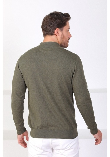 Ferraro Haki Dik Yaka Düz Renk Pamuk Erkek Kazak Haki