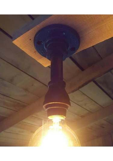 Endüstriyel Malzeme Demir Boru Sarı Ampulden, Rustik Tavan Avize Siyah