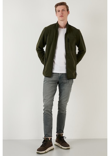 Buratti Slim Fit Fermuarlı Cepli Dik Yaka Polar Erkek Hırka 5906028 Haki