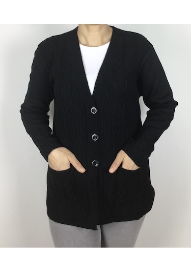 Önü Düğmeli Cepli Yünlü Kısa Anne Hırka Siyah