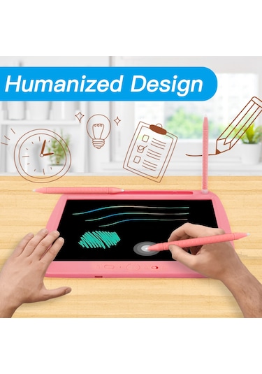 Hombey 9 İnç Pembe Renkli Lcd Çocuk Yazma Tahtası - Usb Şarjlı, Akıllı Göz Korumalı, Tek Tuşlu Kilit Ve Temizleme, Parlak Film, Çift Uçlu Kalem Pembe