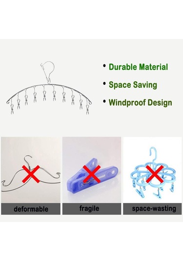 Paslanmaz Çelik Askılık - Çorap Kurutma Askısı - Havlular, İç Çamaşırları Ve Eşarplar İçin 10 Tutucu Klipsli Diğer
