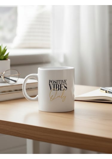 Positive Vibes Only Temalı Seramik Kupa Beyaz