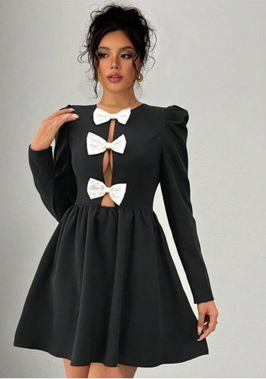 Tua Moda Kadın Dalgıç Kumaş Fiyonk Detaylı Uzun Kollu Mini Boy Elbise Siyah