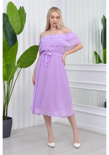 Neşeli Butik Kadın Carmen Yaka Astarlı Şifon Elbise Ry8060 - Lila Lila