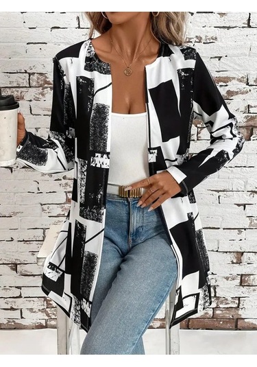 Kadın Uzun Kollu Önü Açık Desenli Modal Kısa Ceket Siyah