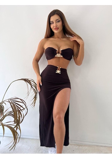 Pink Life Koyu Kahve Sandy Kumaş Tokalı Büstiyer Ve Etekli-Koyu Kahve Koyu Kahverengi