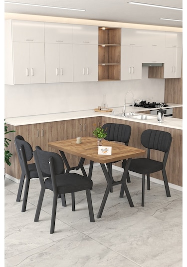 Gnr 70x110cm Sabit Atlantik Mutfak Masası Takımı, Yemek Masası, 4 Modern Siyah Sandalye Siyah
