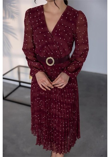 Neşeli Butik Kadın Kemerli Puantiye Desenli Şifon Elbise Nbmy3286 Bordo