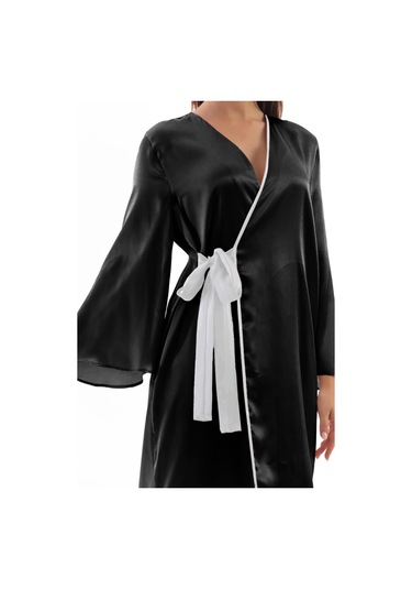 Laperissa Kadın Siyah Saten Dokuma Sabahlık Beyaz Kuşaklı Şık Ve Zarif Ev Giyim Siyah