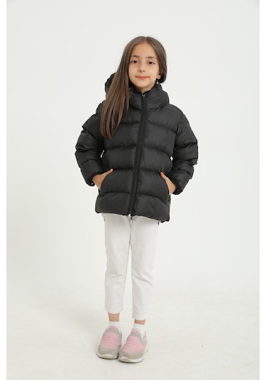 Freemen Kız Çocuk Siyah Polarlı Kürklü Kapüşonlu Su Geçirmez Rüzgara Dayanıklı Şişme Kışlık Mont Siyah