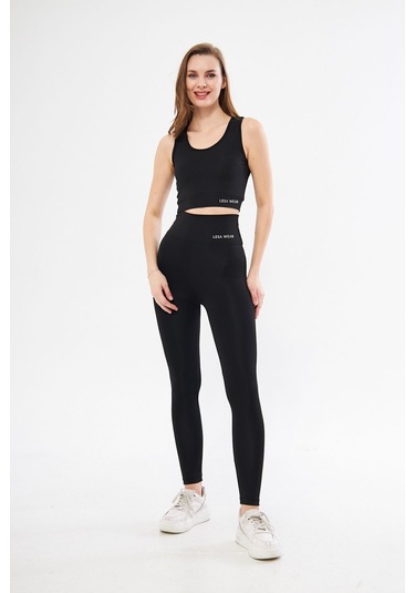 Lesa Wear Yüksek Bel Likralı Toparlayıcı Tayt Crop Takım Siyah