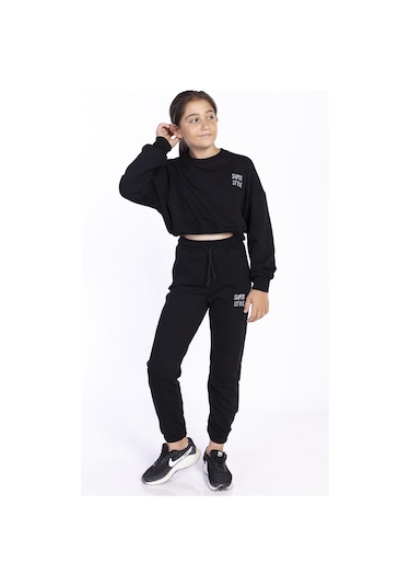 Toontoy Kız Çocuk Nakışlı Eşofman Takımı Siyah