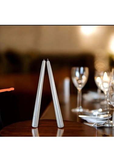 Denic 2 li Metalik Inci Beyaz Şamdan Mum Konik Mum