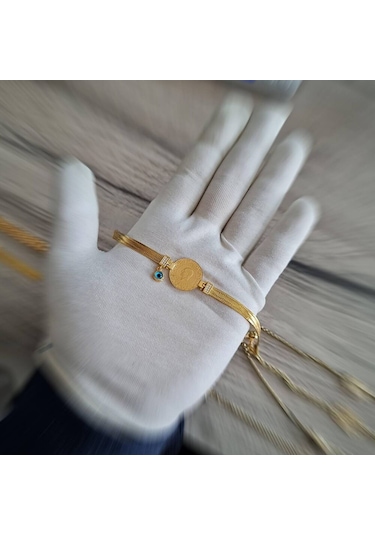 Çeyrek Altın Hasır Bileklik El Yapımı Nazar Boncuklu