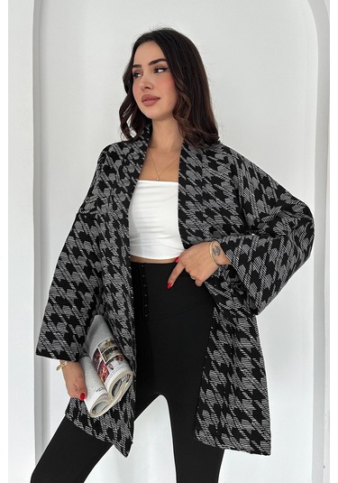 Kazayağı Desenli Kimono Siyah Siyah