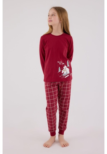 Arnetta Garson Kız Çocuk Aile %100 Pamuklu 4 Mevsim Ekoseli Uzun Kollu Pijama Takım Bordo