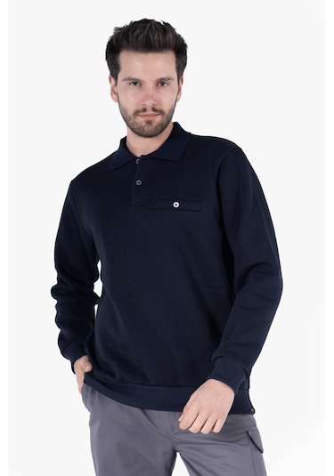 3 İplik Polo Yaka Fleto Cepli Sweatshirt Lacivert