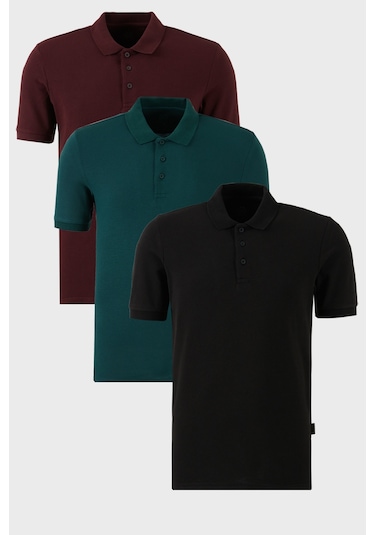 Buratti Pamuklu Regular Fit Düğmeli Polo Yaka 3'Lü Paket Erkek T Shirt 5902127S3 Siyah-Vişne-Yeşil