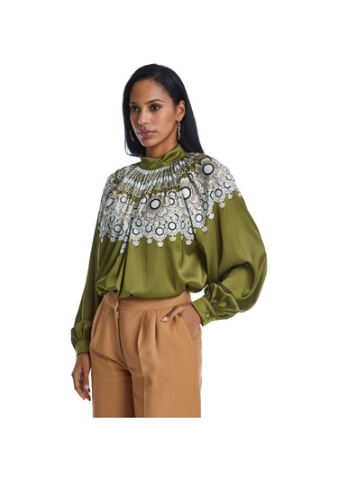 Kadın Yaka Büzgülü Desenli Bluz Salaş Kesim Ve Yüksek Yaka Detaylı Haki
