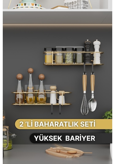 Bino Baharatlık 2 Li Set Gold Metal Mutfak Rafı Banyo Rafı Yapışkanlı Kancalı Tuzluk Askılık Çok Renkli