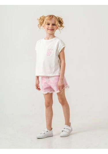 Kız Çocuk Batik Desenli Şortlu Takım-15885 Ekru