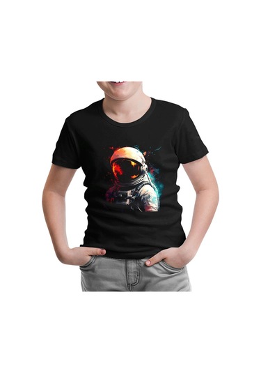 Uzayın Renkleri - Astronot Siyah Çocuk Tshirt 001