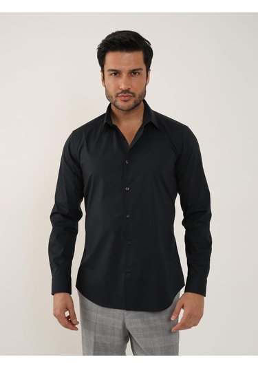 Siyah Erkek Slim Fit Düz Klasik Yaka Uzun Kol Gömlek - 88359 Siyah