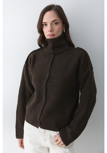 Laluvia Dik Yaka Apoletli Hırka - 2028 Acı Kahve