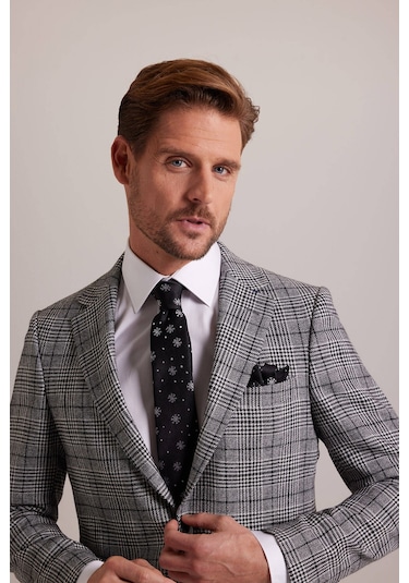 Erkek Gri Kışlık Yünlü Regular Fit Ekose Desenli Tek Ceket 001