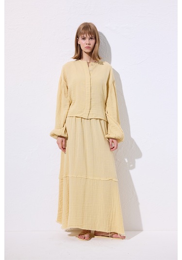 Müslin Katlı Geniş Etek Sarı Sarı