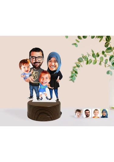 Kişiye Özel Tesettürlü Aile Karikatürlü Dekoratif 3D Biblo Led Iş (483006929)