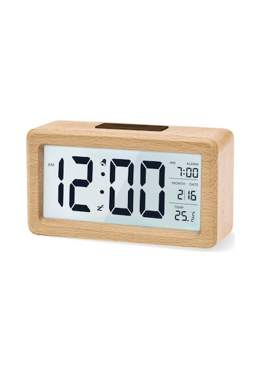 Singree Ahşap Dijital Alarm Saat - Büyük Lcd Ekran, Işık Sensörü, Snooze Ve Sicaklık Gösterimi - Pil İle Çalışır Pil Hariç