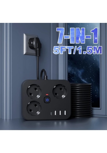 Xuweiwei 7si 1 Arada Priz 3 Ac 3 Usb 1 Type C Siyah Kısa Kablo 152 Cm Ev Ofis Seyahat