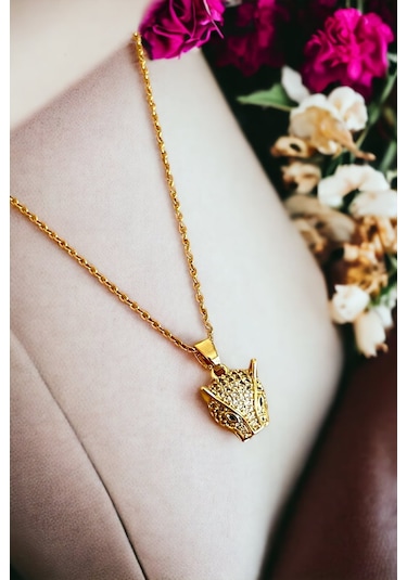 Qupa Store Yeşil Gözlü Kaplan Tasarım Gold Çelik Set Altın