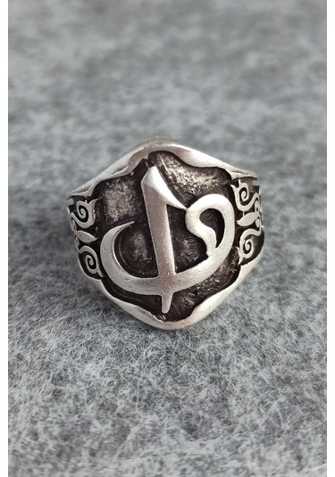 Elif Vav Motif Şekilli Gümüş Kaplama Ayarlanabilir El Yapımı Erkek Yüzük Çok Renkli