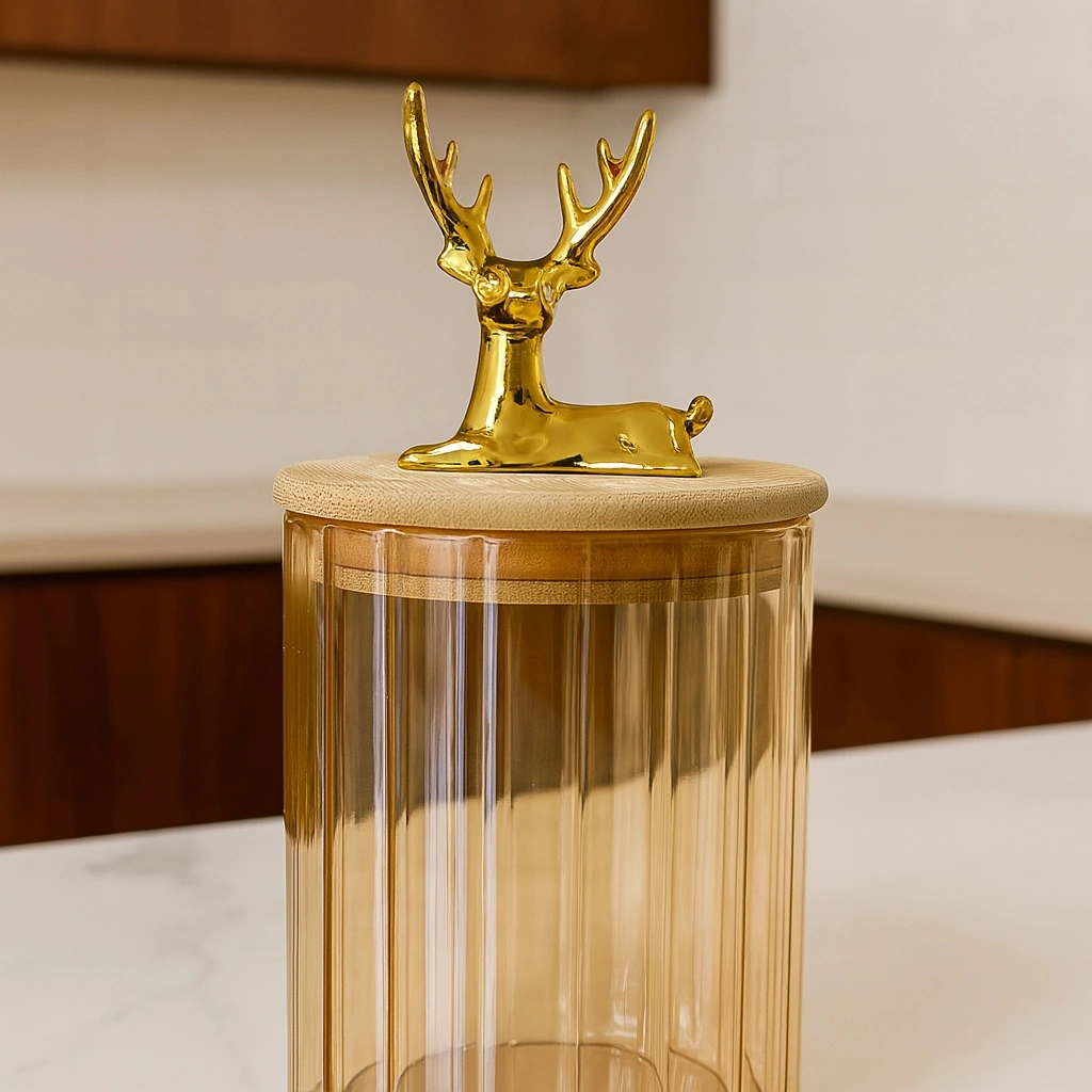 Gold Kapaklı Kristal Cam Kavanoz Geyik Figürlü 17x10 Gold