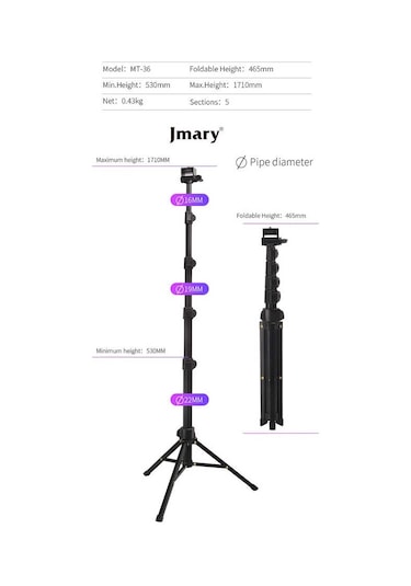 Jmary MT-36 Tripod 171 cm 360 Derece Dönebilen Başlık 4 Kademeli Yükselik Ayarı