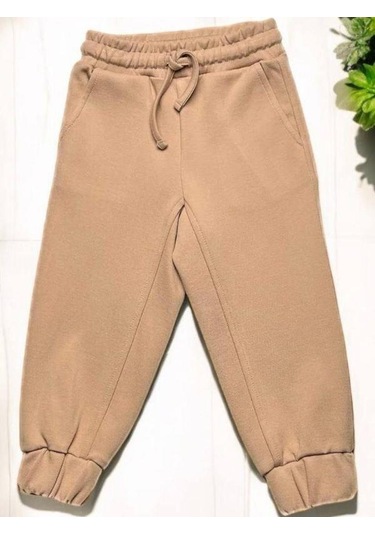 Kız Çocuk Paçaları Lastikli Örme Eşofman Alt-14883 Bej