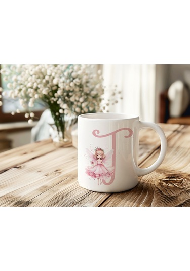 T Harfi Pembe Peri Kızı Figürlü Kupa Bardak Masalsı Çay Kahve Kupası - Kişiye Özel Hediye Beyaz