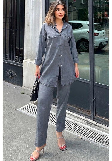 Antrasit Uzun Tunik Gömlek & Beli Lastikikli Rahat Pantolon - Yıkamalı Kot Kumaş Alt Üst Takım Antrasit