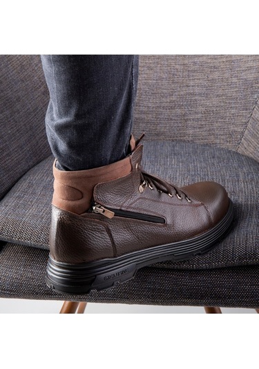 Ankle Hakiki Deri Bağcıklı Kauçuk Taban Erkek Bot, Fermuarlı Bot