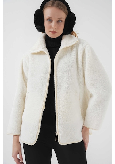 Gabria Fermuarlı Peluş Mont Ekru