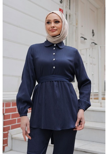 Taş Düğme Detaylı Takım Lacivert Lacivert