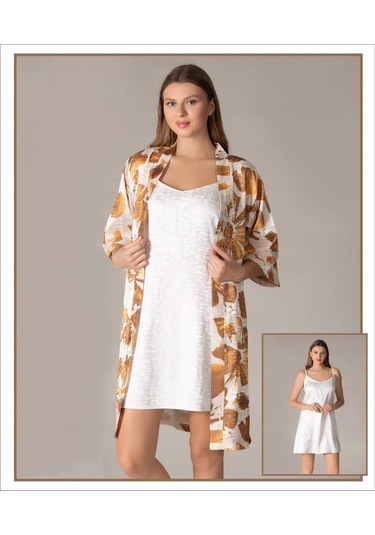 Jakarlı Saten Desenli İp Askılı Gecelik Sabahlık 2li Set Flz 32-63 Hardal